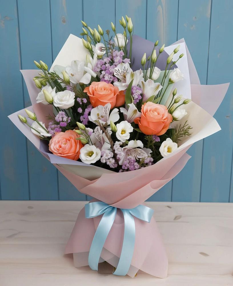 Букет цветов из: Лизиантусы, Розы, Альстромерии и Гипсофила в Зубцове