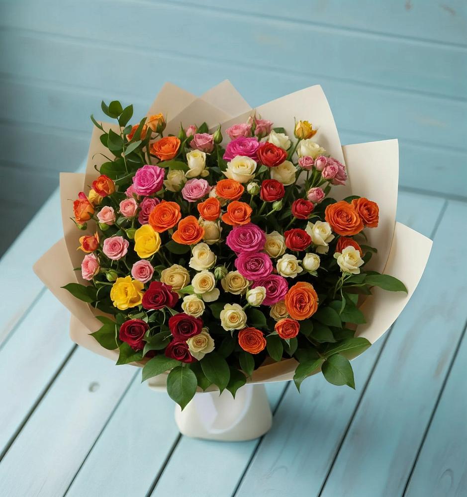 Букет Микс из разноцветных кустовых роз в Зубцове