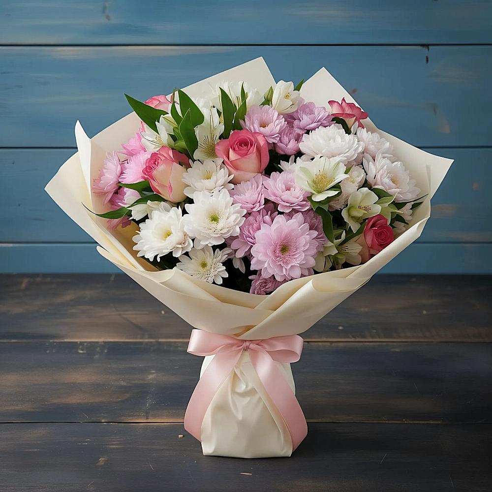 Букет цветов из: Хризантемы, Альстромерии и Розы в Зубцове